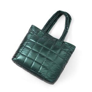 Quilted Puffer Tote - Shiny Forest Green - Double Handle- XL- Lightweight -NWT